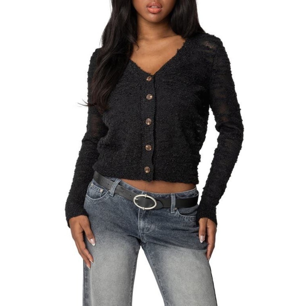 Edikted Black Knit Button Up Cardigan Textured Sheer Stripe‎ V-Neck Small